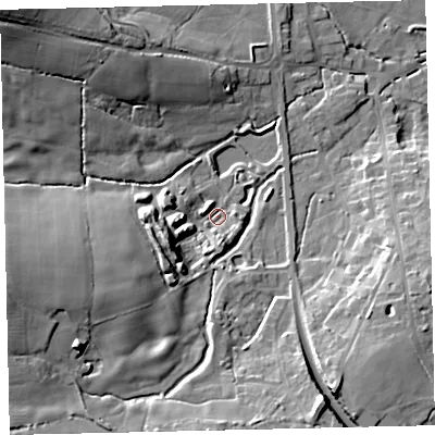 Shaded relief map of the ground around TQ139GB, computed from Environment Agency LiDAR. The ground here sits at about 36 m above sea level and falls 26 m across the surrounding 800 m. Surface water reaching this point runs off ground lying to the west-south-west, 9.4 m higher.