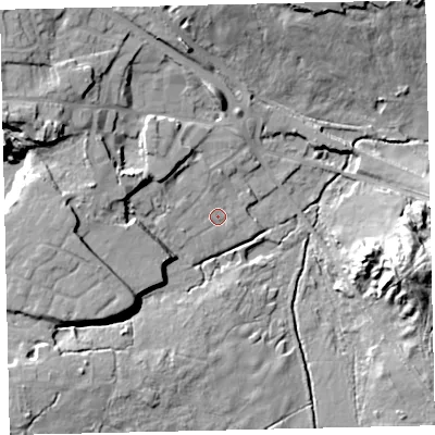 Shaded relief map of the ground around TQ139GN, computed from Environment Agency LiDAR. The ground here sits at about 29 m above sea level and falls 22 m across the surrounding 800 m. Surface water reaching this point runs off ground lying to the west-north-west, 7.8 m higher.