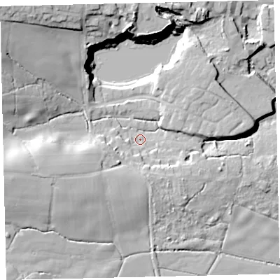 Shaded relief map of the ground around TQ139JN, computed from Environment Agency LiDAR. The ground here sits at about 35 m above sea level and falls 27 m across the surrounding 800 m. Surface water reaching this point runs off ground lying to the west-south-west, 16.0 m higher.