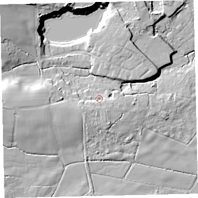Shaded relief map of the ground around TQ139JW, computed from Environment Agency LiDAR. The ground here sits at about 37 m above sea level and falls 23 m across the surrounding 800 m. Surface water reaching this point runs off ground lying to the south-south-west, 4.3 m higher.