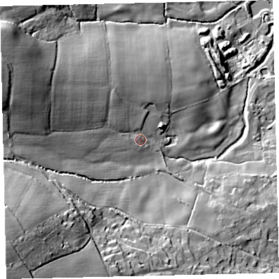 Shaded relief map of the ground around TQ139JZ, computed from Environment Agency LiDAR. The ground here sits at about 48 m above sea level and falls 46 m across the surrounding 800 m. Surface water reaching this point runs off ground lying to the west-north-west, 17.9 m higher.