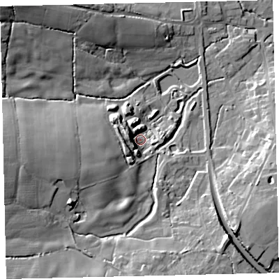 Shaded relief map of the ground around TQ139PG, computed from Environment Agency LiDAR. The ground here sits at about 37 m above sea level and falls 25 m across the surrounding 800 m. Surface water reaching this point runs off ground lying to the west-north-west, 8.4 m higher.
