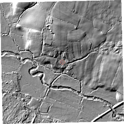 Shaded relief map of the ground around TQ139PN, computed from Environment Agency LiDAR. The ground here sits at about 21 m above sea level and falls 20 m across the surrounding 800 m. Surface water reaching this point runs off ground lying to the north, 10.3 m higher.