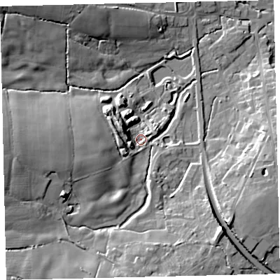 Shaded relief map of the ground around TQ139QL, computed from Environment Agency LiDAR. The ground here sits at about 37 m above sea level and falls 26 m across the surrounding 800 m. Surface water reaching this point runs off ground lying to the west-north-west, 7.8 m higher.