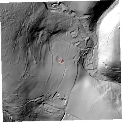 Shaded relief map of the ground around TQ139RT, computed from Environment Agency LiDAR. The ground here sits at about 227 m above sea level and falls 151 m across the surrounding 800 m. Surface water reaching this point runs off ground lying to the west, 75.9 m higher.