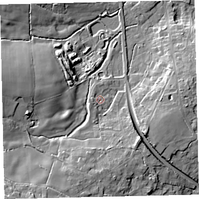 Shaded relief map of the ground around TQ139RZ, computed from Environment Agency LiDAR. The ground here sits at about 39 m above sea level and falls 29 m across the surrounding 800 m. Surface water reaching this point runs off ground lying to the south-south-west, 3.1 m higher.