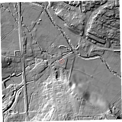 Shaded relief map of the ground around TQ139SB, computed from Environment Agency LiDAR. The ground here sits at about 29 m above sea level and falls 26 m across the surrounding 800 m. Surface water reaching this point runs off ground lying to the south, 16.0 m higher.