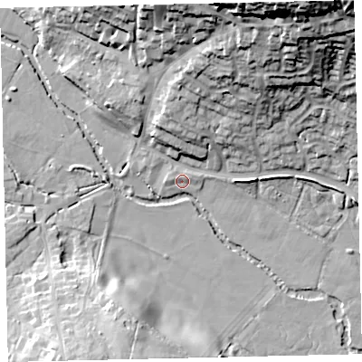 Shaded relief map of the ground around TQ139SX, computed from Environment Agency LiDAR. The ground here sits at about 28 m above sea level and falls 45 m across the surrounding 800 m. Surface water reaching this point runs off ground lying to the north-north-east, 1.6 m higher.