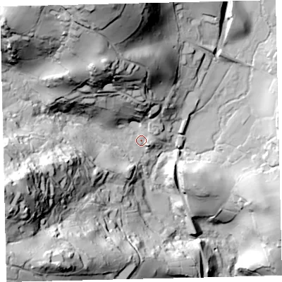 Shaded relief map of the ground around TQ139TA, computed from Environment Agency LiDAR. The ground here sits at about 84 m above sea level and falls 105 m across the surrounding 800 m. Surface water reaching this point runs off ground lying to the north-north-west, 27.4 m higher.