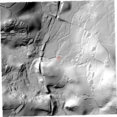 Shaded relief map of the ground around TQ139TS, computed from Environment Agency LiDAR. The ground here sits at about 82 m above sea level and falls 95 m across the surrounding 800 m. Surface water reaching this point runs off ground lying to the east-south-east, 74.3 m higher.
