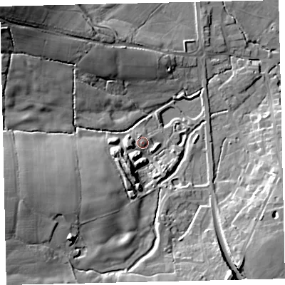 Shaded relief map of the ground around TQ139TU, computed from Environment Agency LiDAR. The ground here sits at about 37 m above sea level and falls 30 m across the surrounding 800 m. Surface water reaching this point runs off ground lying to the south-south-west, 6.7 m higher.