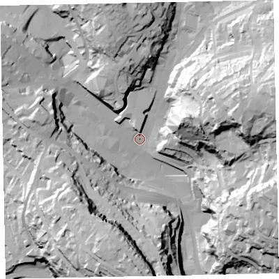 Shaded relief map of the ground around TQ13AA, computed from Environment Agency LiDAR. The ground here sits at about 14 m above sea level and falls 85 m across the surrounding 800 m. Surface water reaching this point runs off ground lying to the east-north-east, 73.5 m higher.