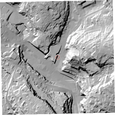 Shaded relief map of the ground around TQ13AE, computed from Environment Agency LiDAR. The ground here sits at about 16 m above sea level and falls 83 m across the surrounding 800 m. Surface water reaching this point runs off ground lying to the east-north-east, 69.9 m higher.