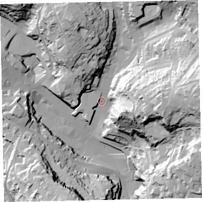 Shaded relief map of the ground around TQ13AF, computed from Environment Agency LiDAR. The ground here sits at about 20 m above sea level and falls 84 m across the surrounding 800 m. Surface water reaching this point runs off ground lying to the east, 71.1 m higher.