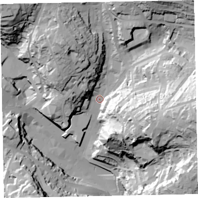 Shaded relief map of the ground around TQ13AW, computed from Environment Agency LiDAR. The ground here sits at about 26 m above sea level and falls 86 m across the surrounding 800 m. Surface water reaching this point runs off ground lying to the east, 70.2 m higher.