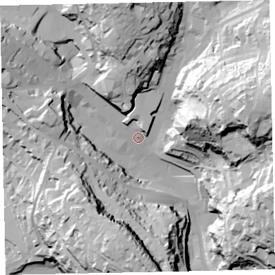 Shaded relief map of the ground around TQ13DA, computed from Environment Agency LiDAR. The ground here sits at about 15 m above sea level and falls 78 m across the surrounding 800 m. Surface water reaching this point runs off ground lying to the east-north-east, 51.2 m higher.