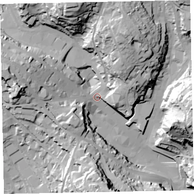 Shaded relief map of the ground around TQ13DE, computed from Environment Agency LiDAR. The ground here sits at about 23 m above sea level and falls 65 m across the surrounding 800 m. Surface water reaching this point runs off ground lying to the north-north-west, 51.4 m higher.