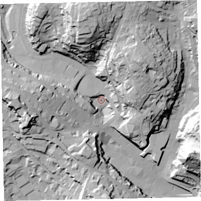 Shaded relief map of the ground around TQ13DT, computed from Environment Agency LiDAR. The ground here sits at about 19 m above sea level and falls 63 m across the surrounding 800 m. Surface water reaching this point runs off ground lying to the north-north-west, 54.5 m higher.