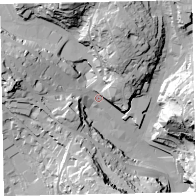 Shaded relief map of the ground around TQ13DW, computed from Environment Agency LiDAR. The ground here sits at about 20 m above sea level and falls 67 m across the surrounding 800 m. Surface water reaching this point runs off ground lying to the north-north-west, 48.9 m higher.