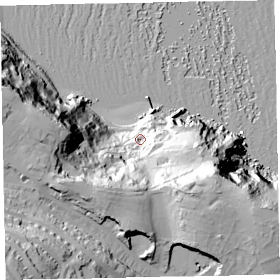 Shaded relief map of the ground around TQ13LX, computed from Environment Agency LiDAR. The ground here sits at about 17 m above sea level and falls 118 m across the surrounding 800 m. Surface water reaching this point runs off ground lying to the south, 66.1 m higher.