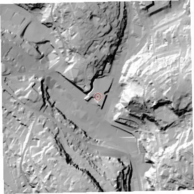 Shaded relief map of the ground around TQ13UT, computed from Environment Agency LiDAR. The ground here sits at about 21 m above sea level and falls 78 m across the surrounding 800 m. Surface water reaching this point runs off ground lying to the north, 6.3 m higher.