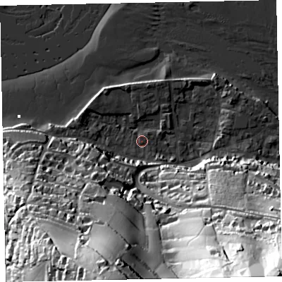 Shaded relief map of the ground around TQ140AD, computed from Environment Agency LiDAR. The ground here sits at about 2 m above sea level and falls 93 m across the surrounding 800 m. Surface water reaching this point runs off ground lying to the south-east, 88.3 m higher.