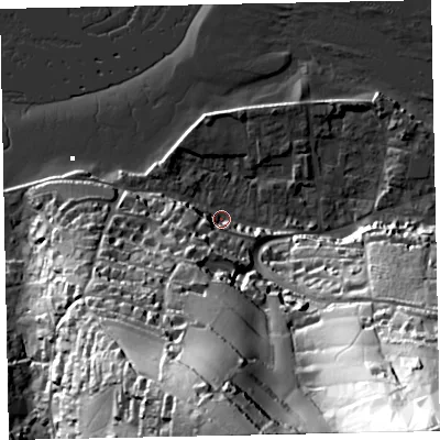 Shaded relief map of the ground around TQ140AG, computed from Environment Agency LiDAR. The ground here sits at about 2 m above sea level and falls 108 m across the surrounding 800 m. Surface water reaching this point runs off ground lying to the south-east, 104.3 m higher.
