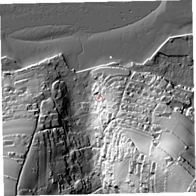 Shaded relief map of the ground around TQ140AJ, computed from Environment Agency LiDAR. The ground here sits at about 10 m above sea level and falls 92 m across the surrounding 800 m. Surface water reaching this point runs off ground lying to the east-south-east, 19.1 m higher.
