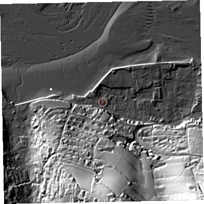 Shaded relief map of the ground around TQ140AQ, computed from Environment Agency LiDAR. The ground here sits at about 3 m above sea level and falls 80 m across the surrounding 800 m. Surface water reaching this point runs off ground lying to the south, 73.3 m higher.
