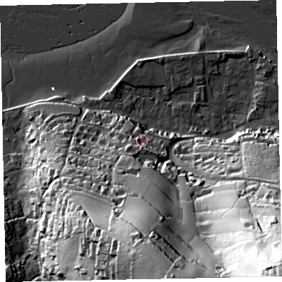 Shaded relief map of the ground around TQ140AT, computed from Environment Agency LiDAR. The ground here sits at about 13 m above sea level and falls 115 m across the surrounding 800 m. Surface water reaching this point runs off ground lying to the south, 78.6 m higher.