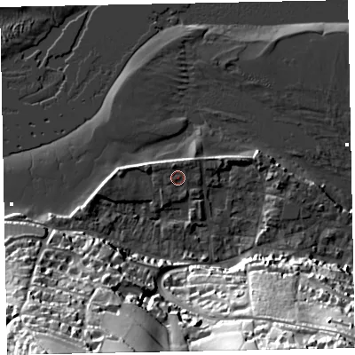 Shaded relief map of the ground around TQ140BP, computed from Environment Agency LiDAR. The ground here sits at about 3 m above sea level and falls 52 m across the surrounding 800 m. Surface water reaching this point runs off ground lying to the south-south-east, 49.2 m higher.