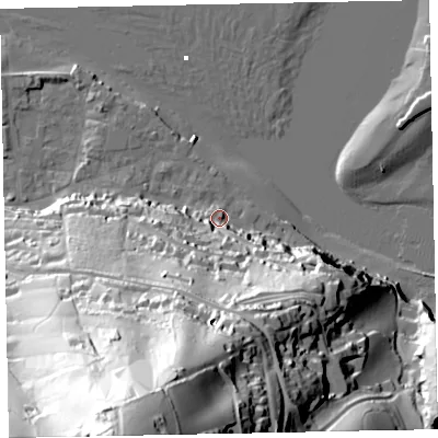 Shaded relief map of the ground around TQ140BW, computed from Environment Agency LiDAR. The ground here sits at about 6 m above sea level and falls 119 m across the surrounding 800 m. Surface water reaching this point runs off ground lying to the south-south-west, 110.6 m higher.