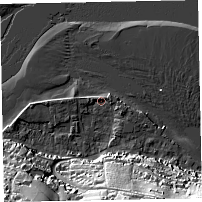 Shaded relief map of the ground around TQ140DA, computed from Environment Agency LiDAR. The ground here sits at about 2 m above sea level and falls 46 m across the surrounding 800 m. Surface water reaching this point runs off ground lying to the south-south-east, 42.5 m higher.