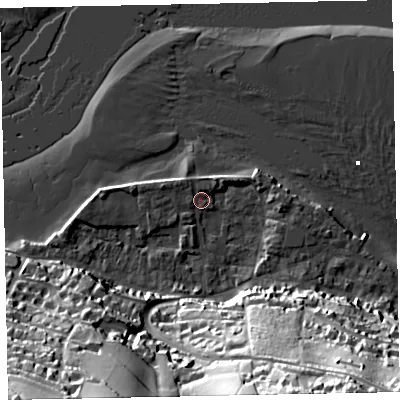 Shaded relief map of the ground around TQ140DB, computed from Environment Agency LiDAR. The ground here sits at about 2 m above sea level and falls 53 m across the surrounding 800 m. Surface water reaching this point runs off ground lying to the south-south-east, 49.3 m higher.