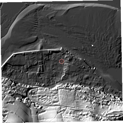 Shaded relief map of the ground around TQ140DH, computed from Environment Agency LiDAR. The ground here sits at about 1 m above sea level and falls 63 m across the surrounding 800 m. Surface water reaching this point runs off ground lying to the south, 57.0 m higher.