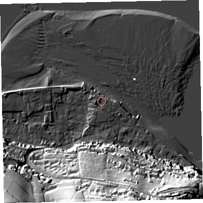 Shaded relief map of the ground around TQ140DJ, computed from Environment Agency LiDAR. The ground here sits at about 4 m above sea level and falls 58 m across the surrounding 800 m. Surface water reaching this point runs off ground lying to the west-south-west, 1.4 m higher.
