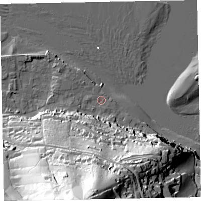 Shaded relief map of the ground around TQ140DL, computed from Environment Agency LiDAR. The ground here sits at about 3 m above sea level and falls 99 m across the surrounding 800 m. Surface water reaching this point runs off ground lying to the south-south-east, 1.4 m higher.