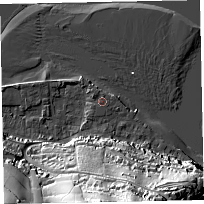 Shaded relief map of the ground around TQ140DN, computed from Environment Agency LiDAR. The ground here sits at about 4 m above sea level and falls 66 m across the surrounding 800 m. Surface water reaching this point runs off ground lying to the south-east, 1.1 m higher.