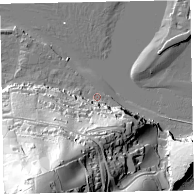 Shaded relief map of the ground around TQ140DP, computed from Environment Agency LiDAR. The ground here sits at about 4 m above sea level and falls 121 m across the surrounding 800 m. Surface water reaching this point runs off ground lying to the south-south-east, 36.8 m higher.