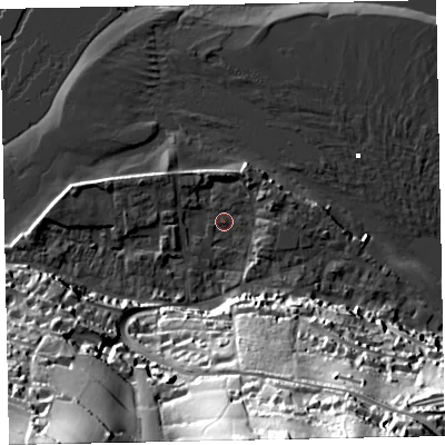 Shaded relief map of the ground around TQ140DQ, computed from Environment Agency LiDAR. The ground here sits at about 2 m above sea level and falls 68 m across the surrounding 800 m. Surface water reaching this point runs off ground lying to the south-south-east, 63.6 m higher.
