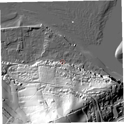 Shaded relief map of the ground around TQ140DU, computed from Environment Agency LiDAR. The ground here sits at about 4 m above sea level and falls 112 m across the surrounding 800 m. Surface water reaching this point runs off ground lying to the south, 105.2 m higher.