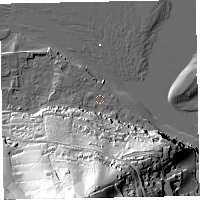 Shaded relief map of the ground around TQ140DX, computed from Environment Agency LiDAR. The ground here sits at about 4 m above sea level and falls 103 m across the surrounding 800 m. Surface water reaching this point runs off ground lying to the south, 97.1 m higher.