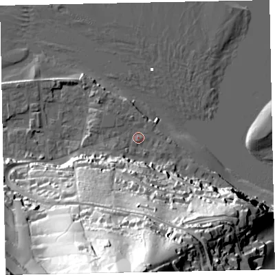 Shaded relief map of the ground around TQ140DY, computed from Environment Agency LiDAR. The ground here sits at about 4 m above sea level and falls 94 m across the surrounding 800 m. Surface water reaching this point runs off ground lying to the south, 88.4 m higher.