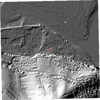 Shaded relief map of the ground around TQ140DZ, computed from Environment Agency LiDAR. The ground here sits at about 4 m above sea level and falls 102 m across the surrounding 800 m. Surface water reaching this point runs off ground lying to the south, 96.8 m higher.