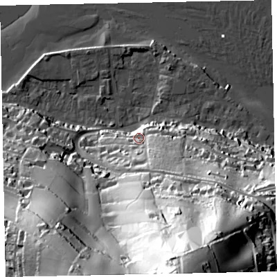 Shaded relief map of the ground around TQ140EF, computed from Environment Agency LiDAR. The ground here sits at about 14 m above sea level and falls 118 m across the surrounding 800 m. Surface water reaching this point runs off ground lying to the south-south-east, 21.2 m higher.
