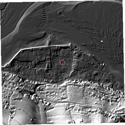 Shaded relief map of the ground around TQ140EJ, computed from Environment Agency LiDAR. The ground here sits at about 1 m above sea level and falls 73 m across the surrounding 800 m. Surface water reaching this point runs off ground lying to the south-south-east, 66.9 m higher.
