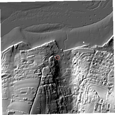 Shaded relief map of the ground around TQ140EP, computed from Environment Agency LiDAR. The ground here sits at about 3 m above sea level and falls 77 m across the surrounding 800 m. Surface water reaching this point runs off ground lying to the south-south-west, 49.2 m higher.