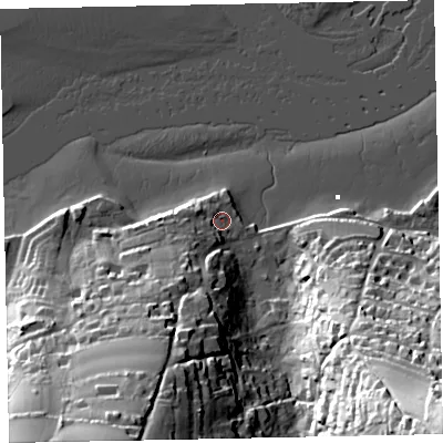 Shaded relief map of the ground around TQ140ES, computed from Environment Agency LiDAR. The ground here sits at about 3 m above sea level and falls 70 m across the surrounding 800 m. Surface water reaching this point runs off ground lying to the south-west, 13.1 m higher.