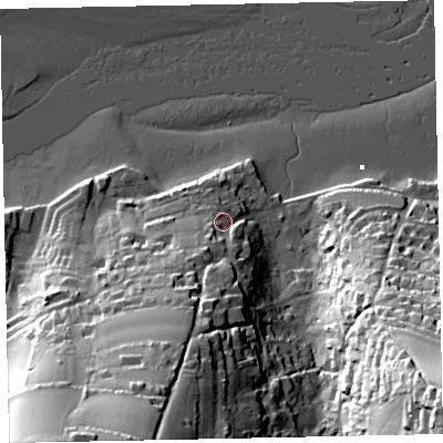 Shaded relief map of the ground around TQ140ET, computed from Environment Agency LiDAR. The ground here sits at about 8 m above sea level and falls 64 m across the surrounding 800 m. Surface water reaching this point runs off ground lying to the south-south-west, 44.0 m higher.