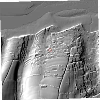 Shaded relief map of the ground around TQ140EX, computed from Environment Agency LiDAR. The ground here sits at about 16 m above sea level and falls 67 m across the surrounding 800 m. Surface water reaching this point runs off ground lying to the south, 38.5 m higher.